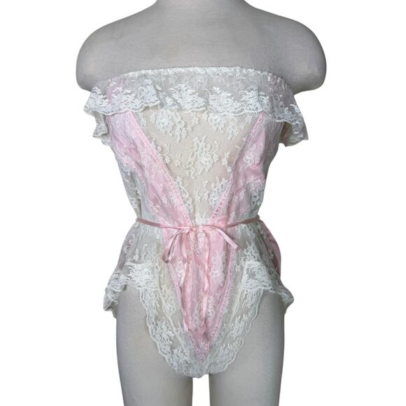 Vintage Jezebel Lace Bodysuit Teddy Lingerie Ruffle Strapless Pink White Small - Picture 1 of 8